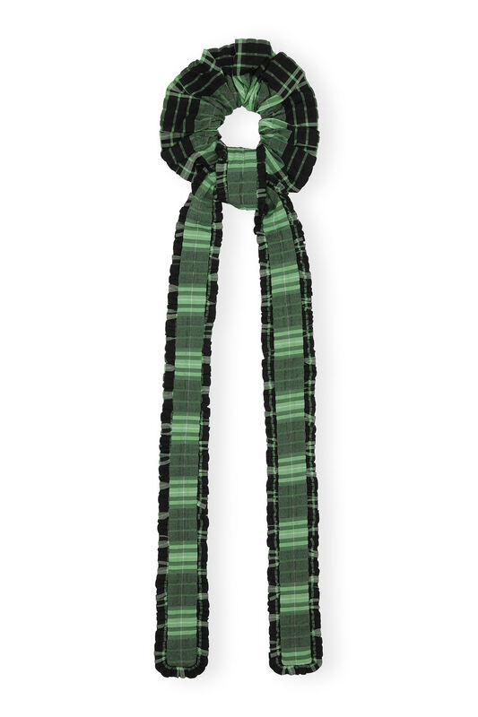 Green Seersucker Check Frill Bow Scrunchie | GANNI