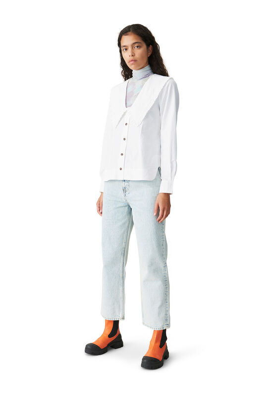 Bright White Cotton Poplin V-Neck Shirt | GANNI