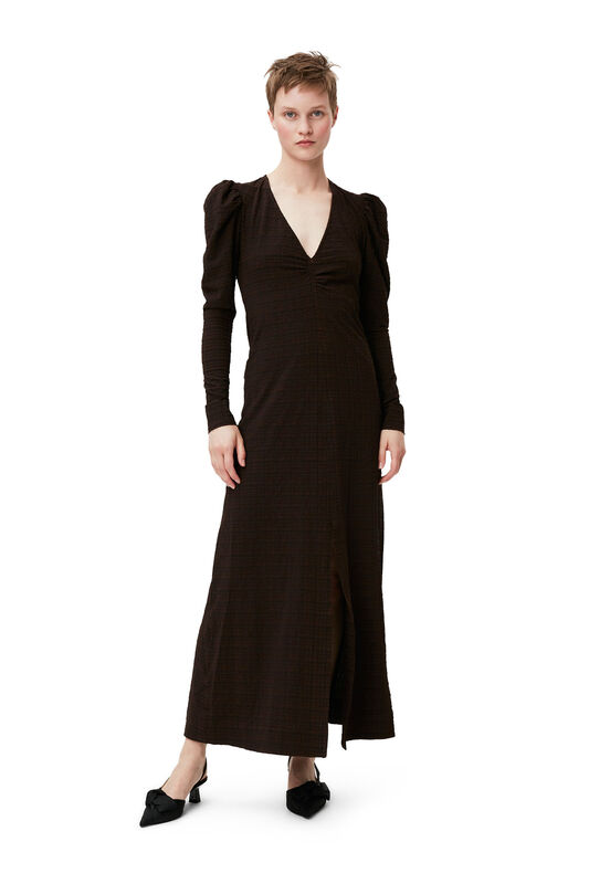 Chicory Coffee Seersucker V-neck Maxi Dress | GANNI