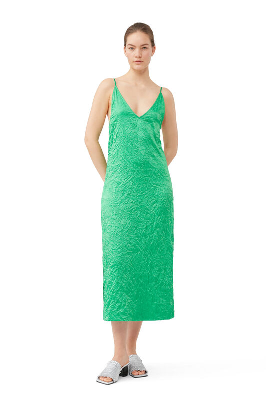 Green Crinkled Satin Slip Dress | GANNI