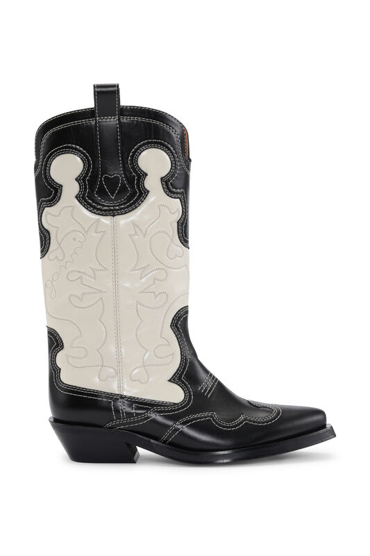 Black/Egret Mid Shaft Embroidered Western Boots | GANNI