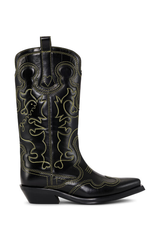 Black/Egret Mid Shaft Embroidered Western Boots | GANNI