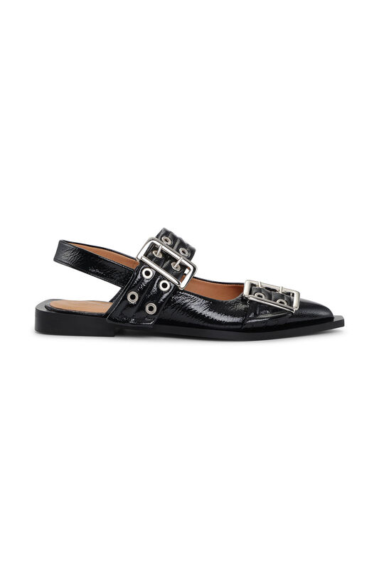 Black Glossy Wide Welt Buckle Ballerinas | GANNI