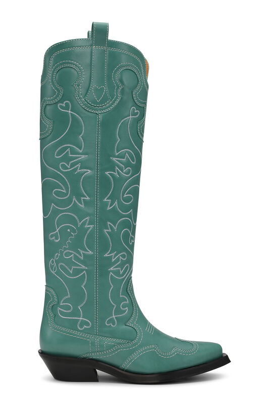 Green Knee High Embroidered Western Boots | GANNI