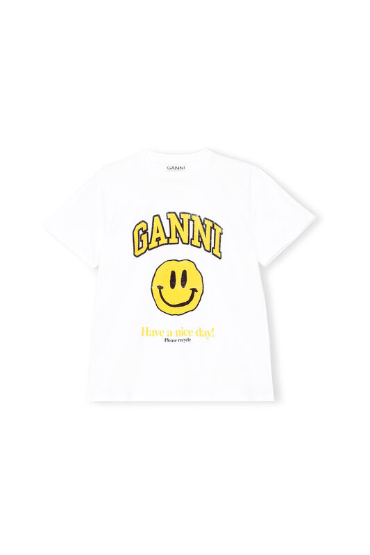 Bright White Basic Cotton Jersey T-Shirt, Smiley Yellow | GANNI