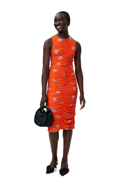 Orangeade Orange Printed Ruched Mesh Midi Dress | GANNI