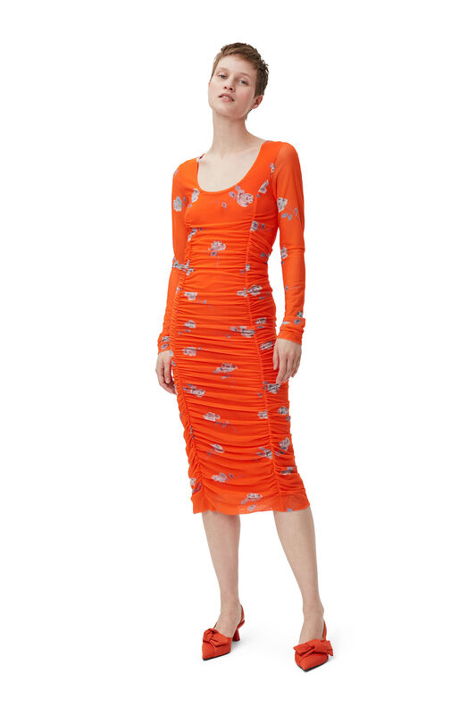 Orangeade Orange Ruched Mesh Midi Dress | GANNI